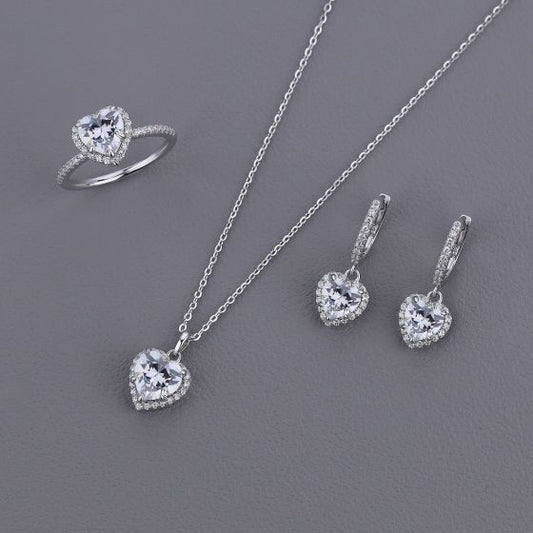 Honey Moon Shining CZ Heart 925 Sterling Silver Set