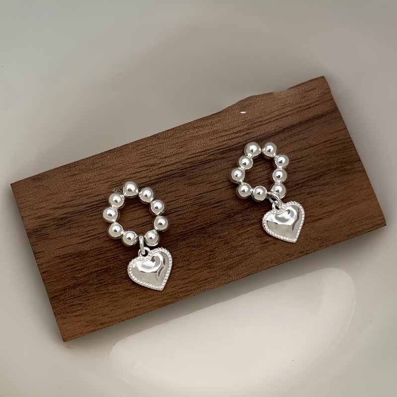 Anniversary Heart Bead 925 Sterling Silver Dangle Earrings