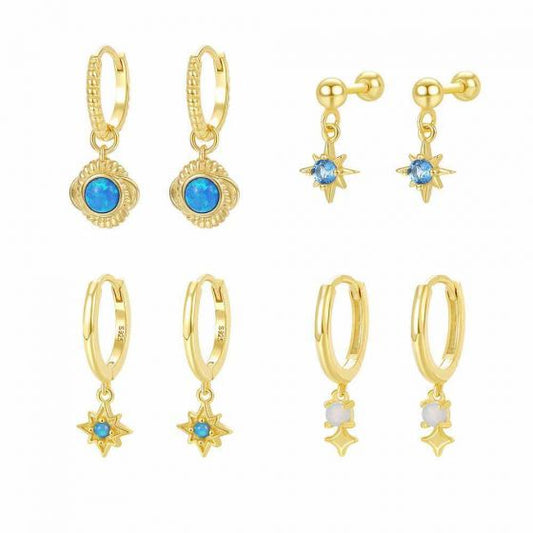 Blue Natural Opal Star Earrings in 925 Sterling Silver