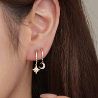 Crescent Moon and Star Crystal Sterling Silver Dangle Earrings