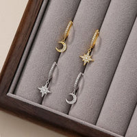 Crescent Moon and Star Crystal Sterling Silver Dangle Earrings