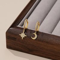 Crescent Moon and Star Crystal Sterling Silver Dangle Earrings