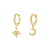 Crescent Moon and Star Crystal Sterling Silver Dangle Earrings