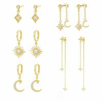 Gold Crystal Crescent Moon and Star 925 Sterling Silver Dangling Earrings