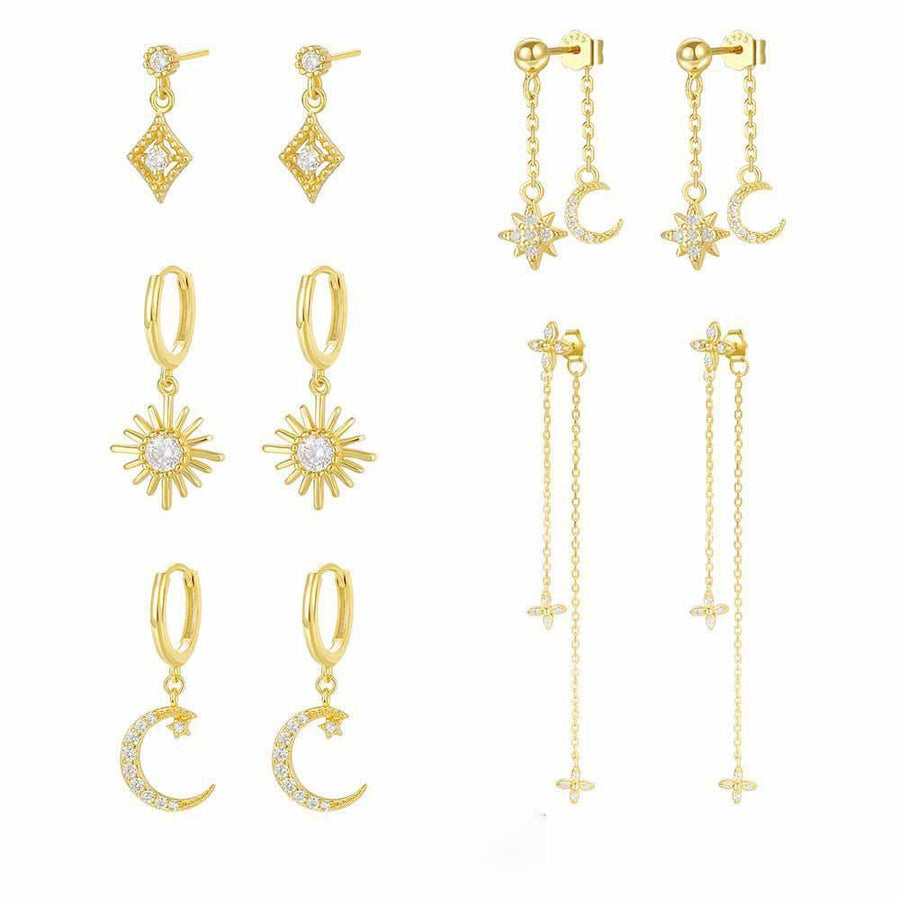 Gold Crystal Crescent Moon and Star 925 Sterling Silver Dangling Earrings