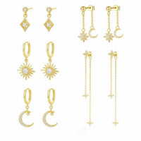 Gold Crystal Crescent Moon and Star 925 Sterling Silver Dangling Earrings