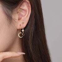 Gold Crystal Crescent Moon and Star 925 Sterling Silver Dangling Earrings