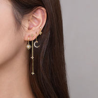 Gold Crystal Crescent Moon and Star 925 Sterling Silver Dangling Earrings