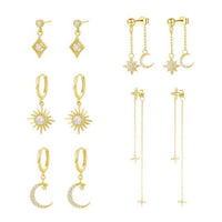 Gold Crystal Crescent Moon and Star 925 Sterling Silver Dangling Earrings