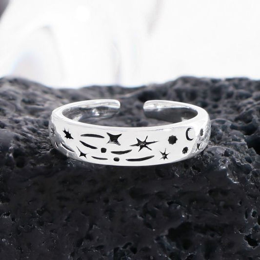 Black Star Moon Graffiti Adjustable 925 Sterling Silver Ring