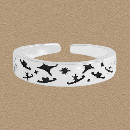 Graffiti Star and Moon Adjustable Ring