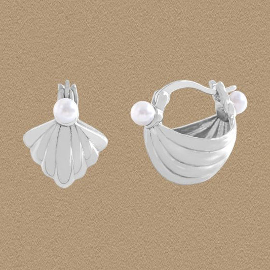 Conch Shell Pearl 925 Sterling Silver Hoop Earrings