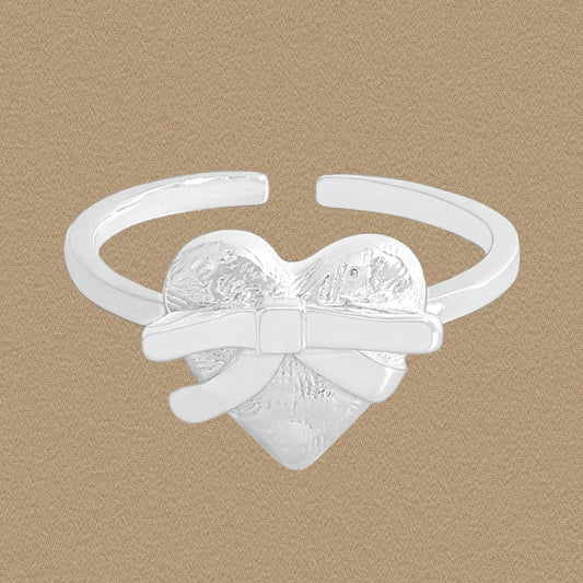 Heart with Bow-Knot 925 Sterling Silver Adjustable Ring
