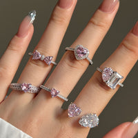 Pink Heart Bow-Knot Adjustable Ring, 925 Sterling Silver