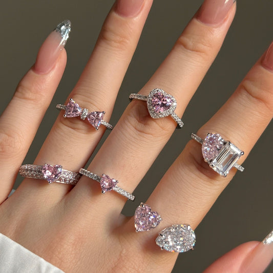 Pink Heart Bow-Knot Adjustable Ring, 925 Sterling Silver
