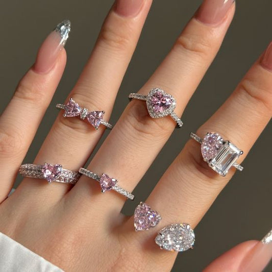 Pink Heart Bow-Knot Adjustable Ring, 925 Sterling Silver