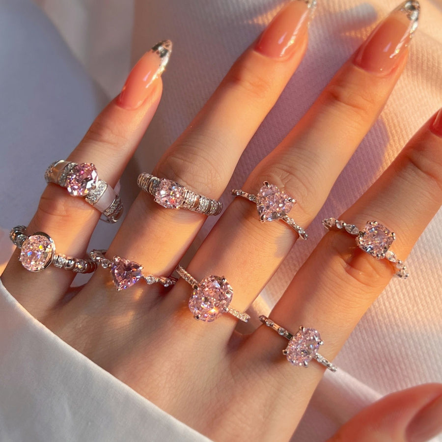 Pink Crystal Heart and Waterdrop 925 Sterling Silver Ring
