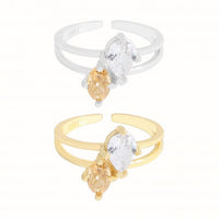 Champagne and White Oval Waterdrop Cubic Zirconia Adjustable 925 Sterling Silver Ring