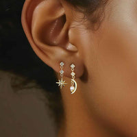 Golden Crystal Crescent Moon and Star 925 Sterling Silver Earrings