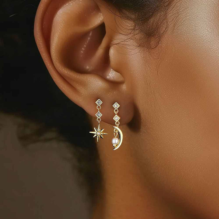 Golden Crystal Crescent Moon and Star 925 Sterling Silver Earrings