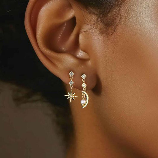 Golden CZ Crescent Moon and Star 925 Sterling Silver Earrings
