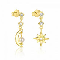 Golden Crystal Crescent Moon and Star 925 Sterling Silver Earrings