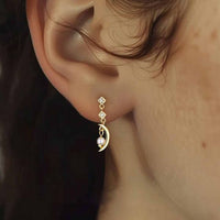 Golden Crystal Crescent Moon and Star 925 Sterling Silver Earrings