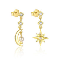 Golden Crystal Crescent Moon and Star 925 Sterling Silver Earrings