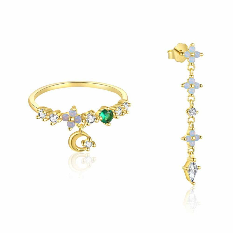 Crystal Flower Crescent Moon Earring and Adjustable Open Ring, 925 Sterling Silver