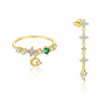 Crystal Flower Crescent Moon Earring and Adjustable Open Ring, 925 Sterling Silver