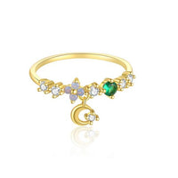 Crystal Flower Crescent Moon Earring and Adjustable Open Ring, 925 Sterling Silver