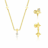 Four-Pointed Star Sterling Silver Necklace and Single Earring