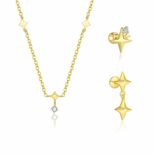 Four-Pointed Star Sterling Silver Necklace and Single Earring
