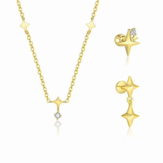 Four-Pointed Star Sterling Silver Necklace and Single Earring