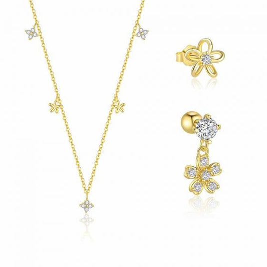 Gold CZ Hollow Flower Pendant and Stud Earrings