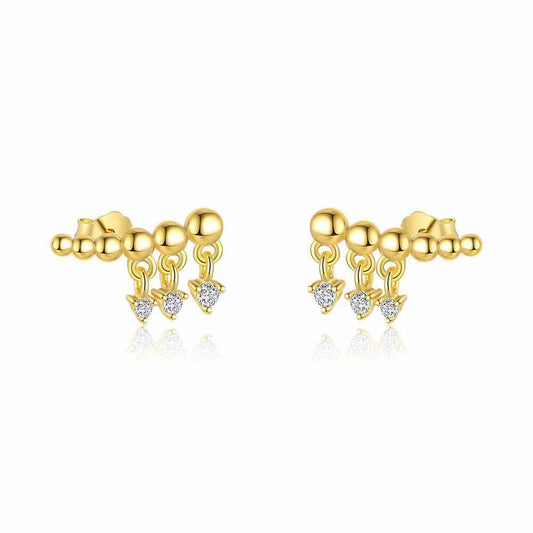 18K Yellow Gold Bead CZ 925 Sterling Silver Stud Earrings