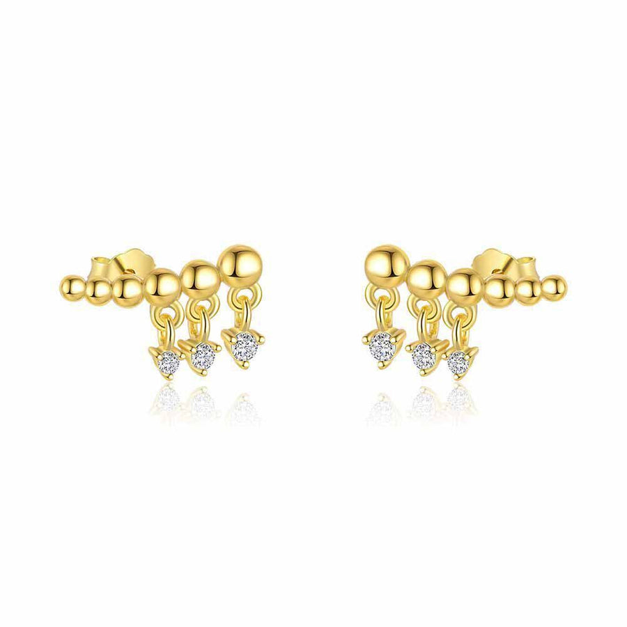18K Yellow Gold Bead Crystal 925 Sterling Silver Stud Earrings