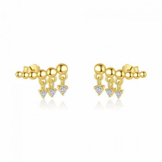 18K Yellow Gold Bead CZ 925 Sterling Silver Stud Earrings