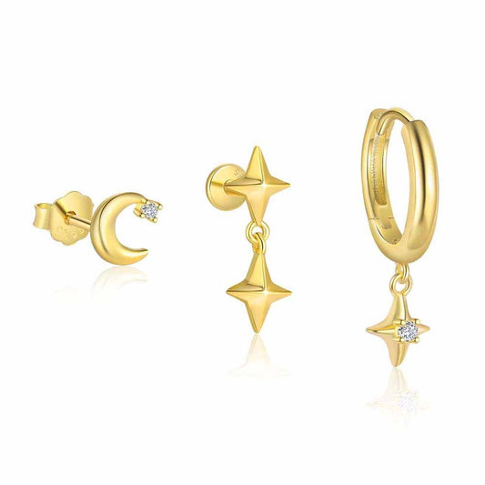 CZ Star and Crescent Moon Sterling Silver Earring (Single)