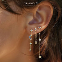 Blue and White Crystal Star and Crescent Moon Sterling Silver Dangle Earring (Single)