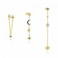 Blue and White Crystal Star and Crescent Moon Sterling Silver Dangle Earring (Single)