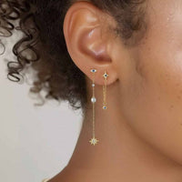 Blue and White Crystal Star and Crescent Moon Sterling Silver Dangle Earring (Single)
