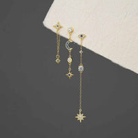 Blue and White Crystal Star and Crescent Moon Sterling Silver Dangle Earring (Single)