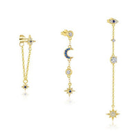 Blue and White Crystal Star and Crescent Moon Sterling Silver Dangle Earring (Single)