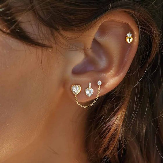 Golden CZ Heart Stud Earrings, 925 Sterling Silver