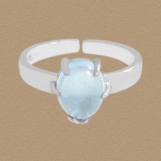 Oval Natural Aquamarine Adjustable Ring, 925 Sterling Silver