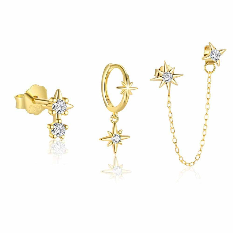 Graduation Shining Crystal Star Sterling Silver Stud and Hoop Earrings