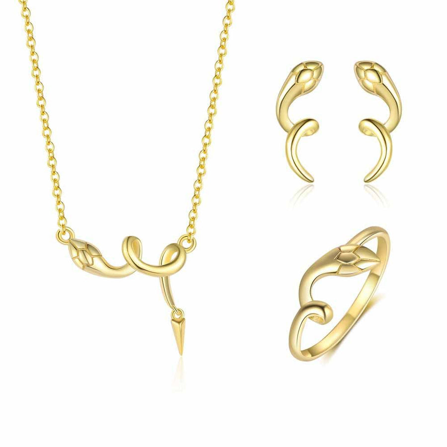 Snake Motif 18K Yellow Gold Plated 925 Sterling Silver Studs and Adjustable Necklace Set