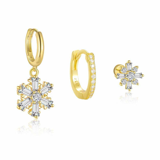 Golden CZ Snowflake Sterling Silver Dangle Earrings