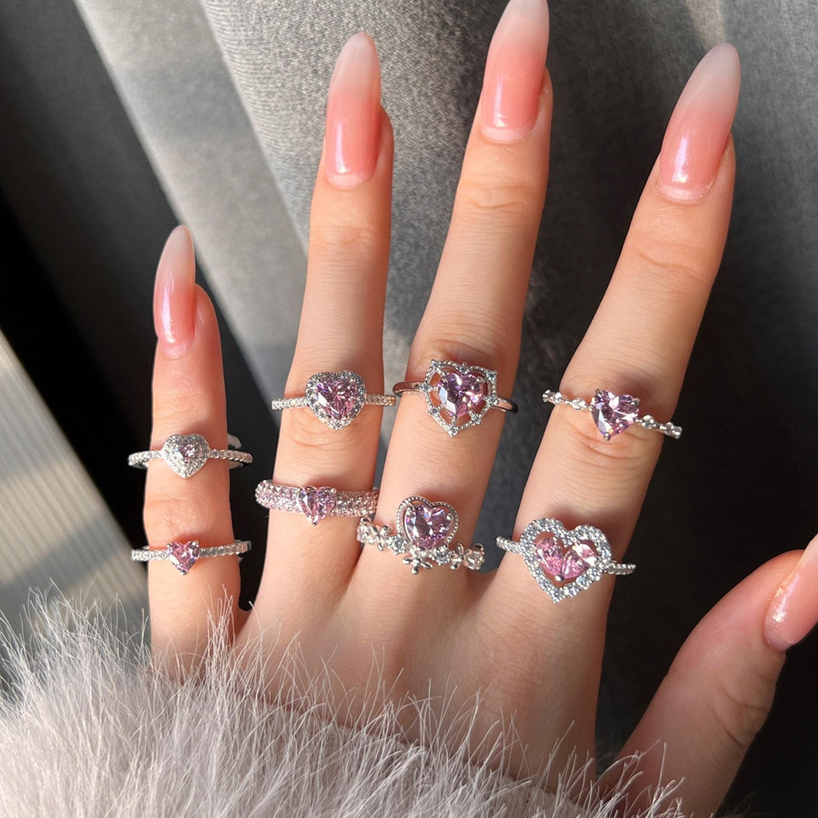 Pink Heart Cubic Zirconia Adjustable Ring, 925 Sterling Silver